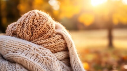 Poster - Cozy knitted scarf wrapped around a person with vibrant autumn foliage lit by warm sunlight : Generative AI
