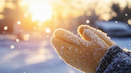 Aufkleber - Joyful Hands in Yellow Gloves Catching Snowflakes at Sunset in a Winter Wonderland : Generative AI