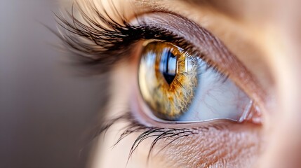 Poster - Close Up Detail of an Eye Reflecting Light with Beautiful Iris and Eyelashes : Generative AI