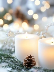 Poster - Serene Scene of White Candles and Evergreen Pine Cone with Soft Bokeh Lights : Generative AI
