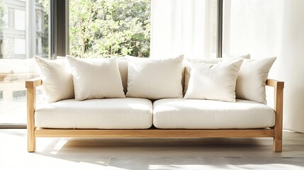 Poster - Elegant Minimalistic Couch with Soft White Cushions in Sunlit Modern Living Area : Generative AI
