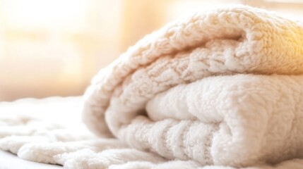 Poster - Soft White Knitted Blanket Rolled Up for Comfort and Warmth in Cozy Home Setting : Generative AI