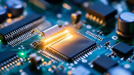 Leinwandbilder - Close Up View of a Glowing Microchip on Circuit Board : Generative AI