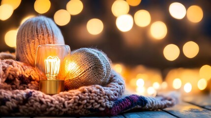 Poster - Cozy Winter Scene with Warm Light Glowing from a Decorative Bulb and Knit Texture in Soft Colors : Generative AI