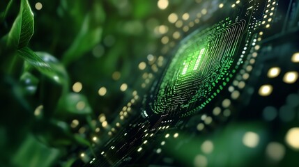 Fototapete - Futuristic Green Circuit Board Surrounded by Nature with Bright LED Lights for Eco Technology : Generative AI