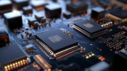 Aufkleber - Close Up of a Modern Computer Microchip Circuit Board with Glowing Lights : Generative AI