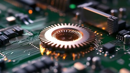 Fototapete - Close Up of a Modern Circuit Board with a Focus on a Copper Component and Electronic Details : Generative AI