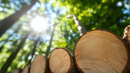 Leinwandbilder - Sunlight Filters Through Trees Illuminating a Stack of Freshly Cut Logs in a Lush Forest Environment : Generative AI