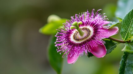 Poster - Beautiful CloseUp of a Passion Flower in Full Bloom Showcasing Its Unique Pink and Purple Petals : Generative AI
