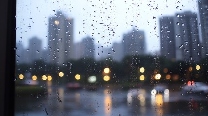 Aufkleber - Rainy Cityscape View Through Window with Blurred Buildings and Soft Glow of Streetlights : Generative AI