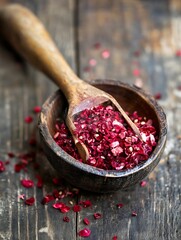 Poster - Richly colored dried red cranberries in a wooden bowl creating a rustic kitchen vibe : Generative AI
