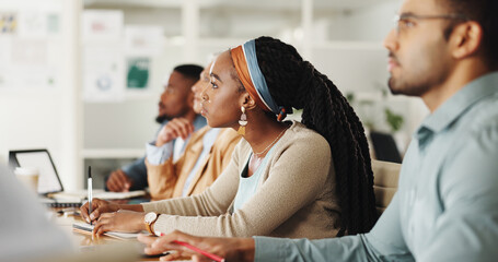 Aufkleber - Business people, team and writing notes in training, workshop or watch video for development in career. Men, women and listening to tutorial with notebook, coaching or studying at creative workplace