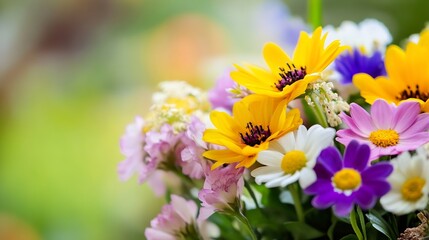 Poster - Colorful bouquet of vibrant flowers displaying a cheerful array of blooms in soft natural light : Generative AI