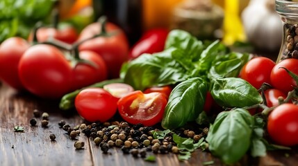 Poster - Fresh vibrant tomatoes and basil arranged beautifully on a wooden table for a culinary scene : Generative AI
