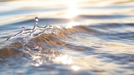 Poster - Glistening water droplets splashing over a calm surface reflecting sunlight in a tranquil setting : Generative AI