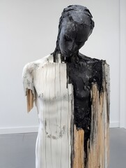 Aufkleber - Unique Contemporary Sculpture Half Wood Half Black Material Displayed in Gallery : Generative AI