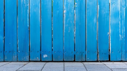Poster - Bright blue wooden fence panels creating a colorful rustic background : Generative AI