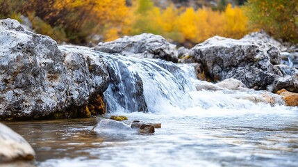Poster - Glistening stream of water flowing over smooth rocks surrounded by vibrant autumn foliage and nature : Generative AI