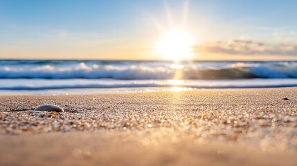 Poster - Beautiful Sunrise Over the Beach with Sparkling Sand and Gentle Waves : Generative AI