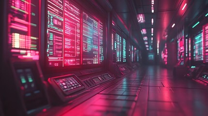 Neon-lit Data Center Corridor with Glowing Screens and futuristic