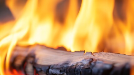 Fototapete - Close up of vibrant flames dancing over a wooden log creating an intense and warm atmosphere : Generative AI