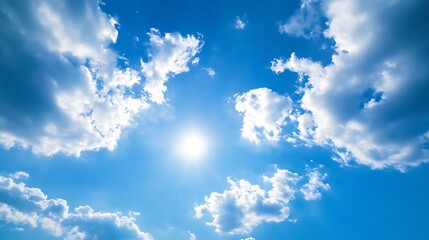 Poster - Bright blue sky with fluffy white clouds and the sun shining in a clear atmosphere : Generative AI