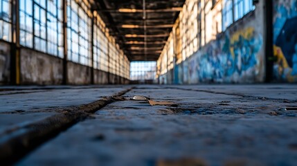 Aufkleber - Urban decay and renewal in an abandoned warehouse highlighting bright murals and rustic flooring : Generative AI