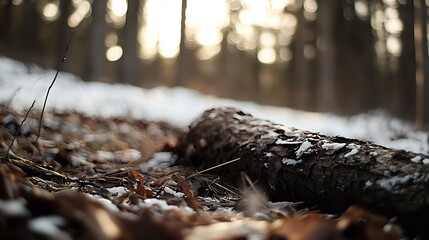 Aufkleber - Serene Winter Landscape with Snow Covered Log and Fallen Leaves : Generative AI