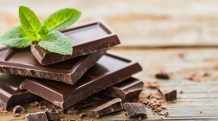 Poster - Fresh Mint Leaves on Dark Chocolate Pieces Displayed on Rustic Wooden Table : Generative AI