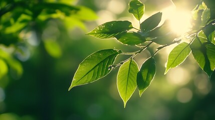 Aufkleber - Bright green leaves illuminated by sunlight creating a natural and serene atmosphere in the forest : Generative AI