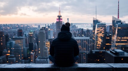 Poster - Individual sitting on a rooftop overlooking a vibrant city skyline at dusk with glowing lights : Generative AI