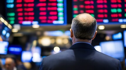 Fototapete - Businessman observing stock market data on large screens in a trading environment : Generative AI