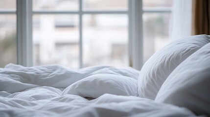 Aufkleber - Cozy and Inviting Messy Bed with Soft Pillows and Natural Light Streaming Through Window : Generative AI