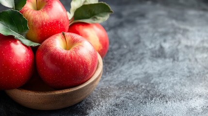 Poster - Fresh Red Apples in Wooden Bowl on Textured Dark Surface : Generative AI