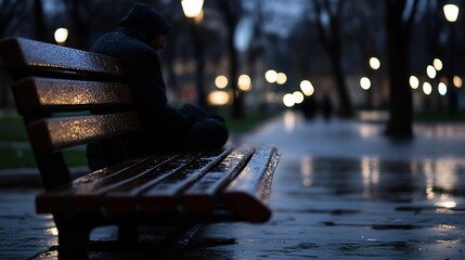 Aufkleber - Alone figure on a wet wooden bench in a peaceful park during a rainy evening : Generative AI