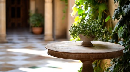 Poster - Elegant Potted Plant on Round Stone Table in Beautiful Indoor Courtyard for Relaxing Atmosphere : Generative AI