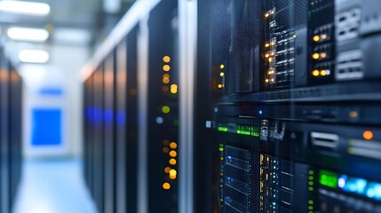 Fototapete - High-Tech Data Center with Server Racks and Bright LED Lights in Modern Facility : Generative AI