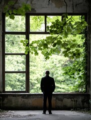 Aufkleber - Lonely figure standing near a large window surrounded by greenery evoking deep contemplation and serenity : Generative AI