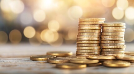 Poster - Stack of golden coins with blurred light background representing investment and finance : Generative AI