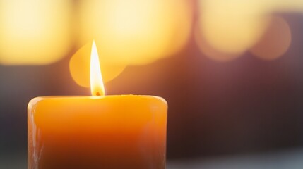 Leinwandbilder - Glowing orange candle flame with a beautiful sunset background creating a warm and inviting atmosphere : Generative AI