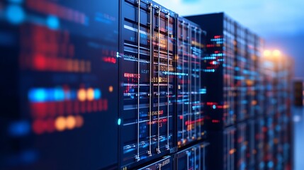Fototapete - High Tech Data Servers with Colorful LED Lights Illuminating a Modern Data Center : Generative AI