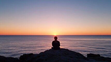 Aufkleber - Serene Sunset Over the Ocean with a Person Meditating on the Rocks by the Water : Generative AI