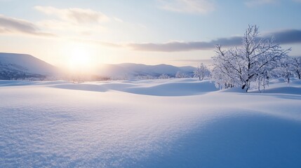Aufkleber - A serene winter landscape with soft snow covering rolling hills illuminated by a golden sunrise : Generative AI