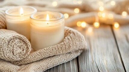 Fototapete - Candles glowing softly surrounded by cozy knit fabric in a serene setting : Generative AI