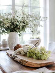 Leinwandbilder - Beautifully arranged fresh fruits and flowers on a rustic wooden table with natural lighting : Generative AI