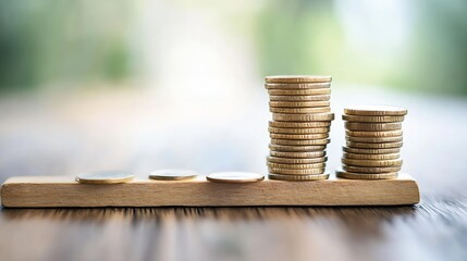 Aufkleber - A wooden board supporting stacks of coins showcasing financial growth and investment strategies : Generative AI