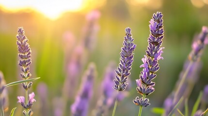Leinwandbilder - Closeup of Beautiful Lavender Flowers Under Golden Sunset Light : Generative AI
