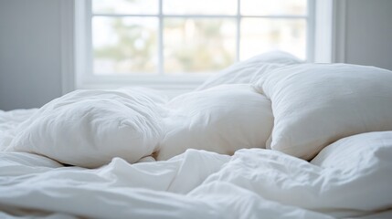 Aufkleber - Cozy white bedding with fluffy pillows inviting relaxation and comfort in a softly lit bedroom : Generative AI