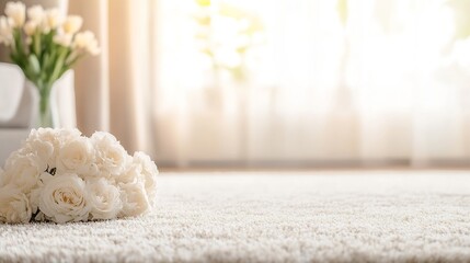 Poster - Elegant arrangement of white roses on a textured carpet in a warm and inviting interior space : Generative AI