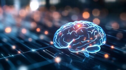 Poster - Futuristic Digital Brain with Glowing Connections Representing Neural Networks and Intelligence : Generative AI